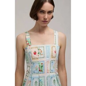 HUNTER Blue Botanical Strawberry Stamp Print Mini Dress Square Neck Summer L